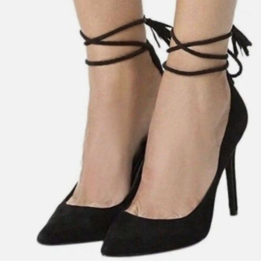 Aldo Elegant Black Faux Suede Heels with Lace Up Ankle Strap